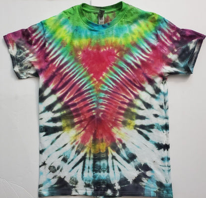 Handmade In The UK Tie Dye T-Shirt. Zipper Hearts. Psychedelic. Unisex Medium.