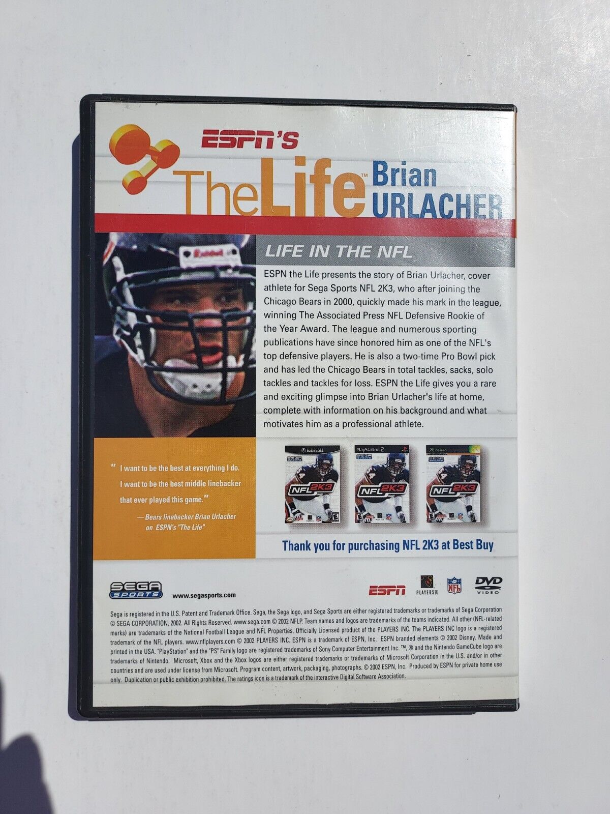 ESPN's The Life: Brian Urlacher (DVD, 2002) Used.