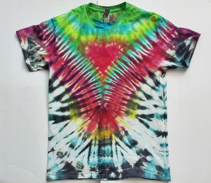 Handmade In The UK Tie Dye T-Shirt. Zipper Hearts. Psychedelic. Unisex Medium.