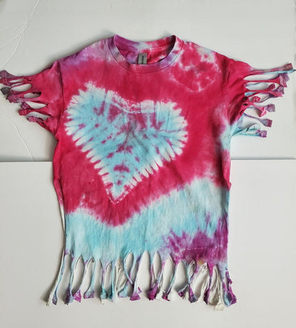 Handmade In The UK Tie Dye T-Shirt. Pink Frilly Heart. Women's Small Petit.