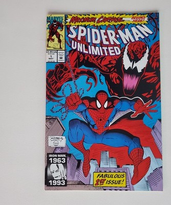 Front cover of Spider-Man Unlimited number 1 featuring Spider-Man and Carnage